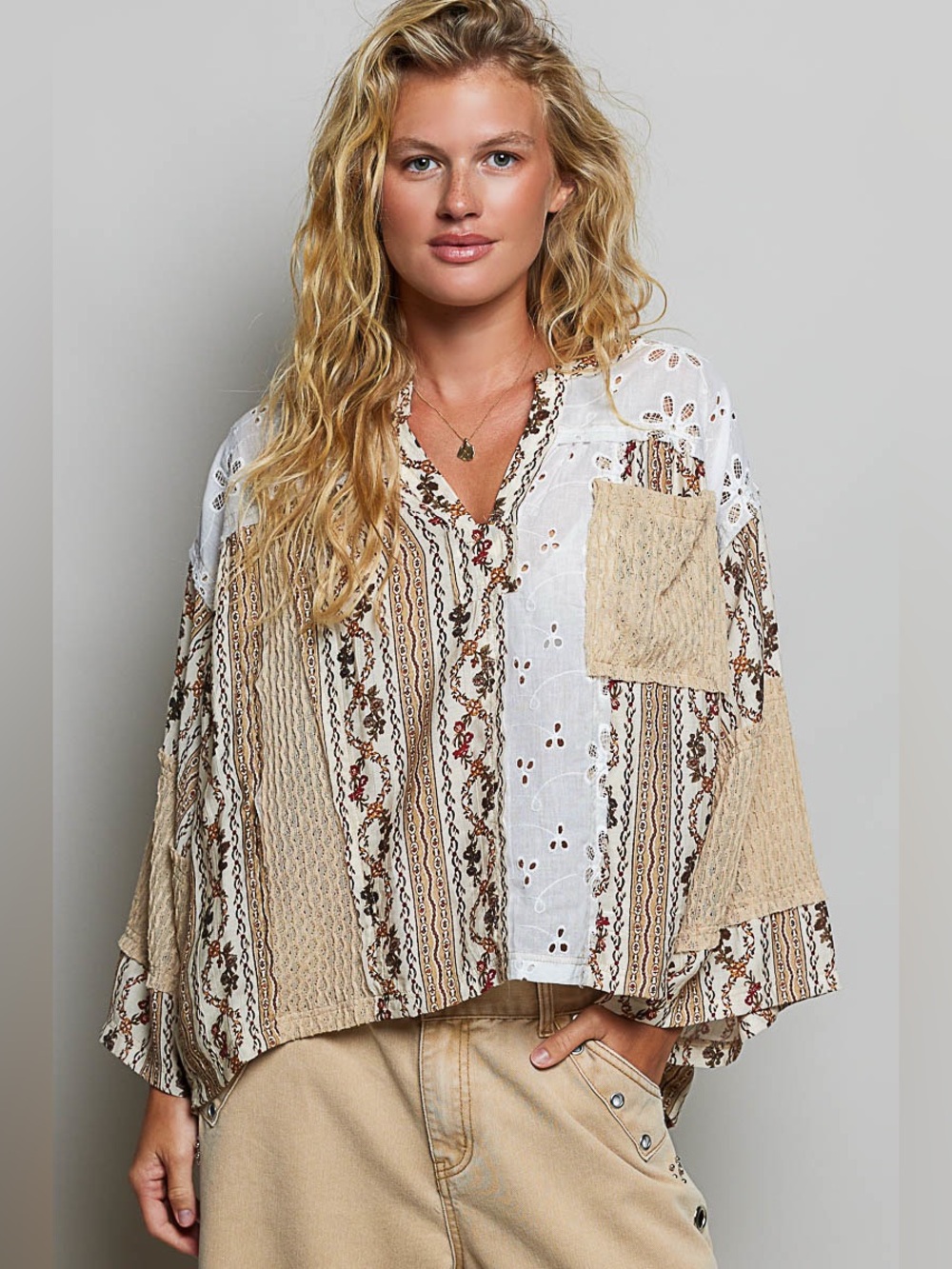 POL Boho Patchwork Button-Front Blouse in Cream & Beige